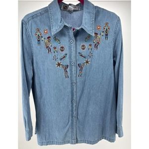 Vintage Passion-1 Southwestern Aztec Embroidered Blue Denim Button Up Shirt Sz S